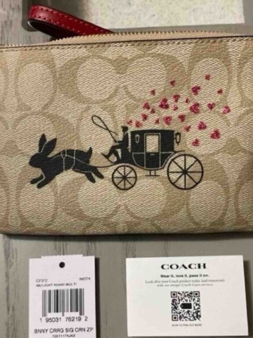 Coach Light Khaki Signature Canvas Wristlet with Red Accents